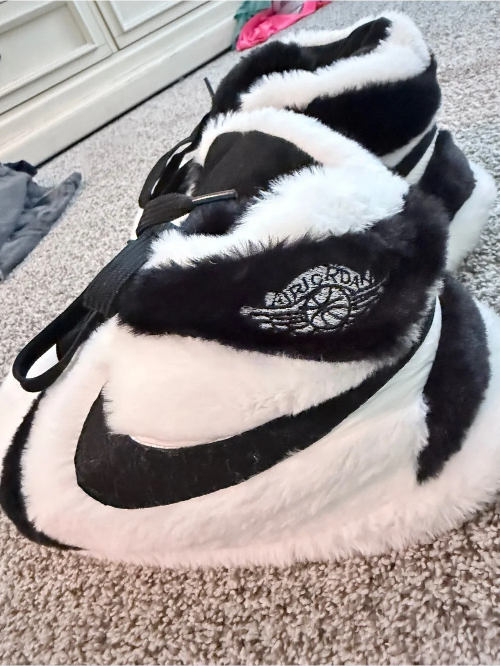 Nike Black and White Fuzzy Swoosh Slide Slippers